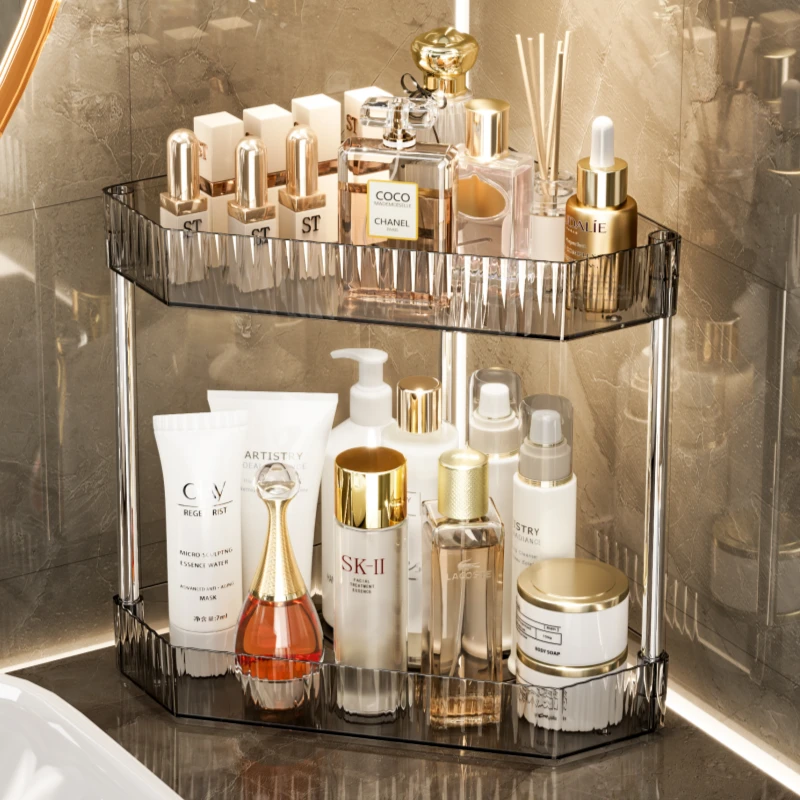 轻奢化妆品收纳架梳妆台转角桌面口红香水护肤品洗漱台透明置物架