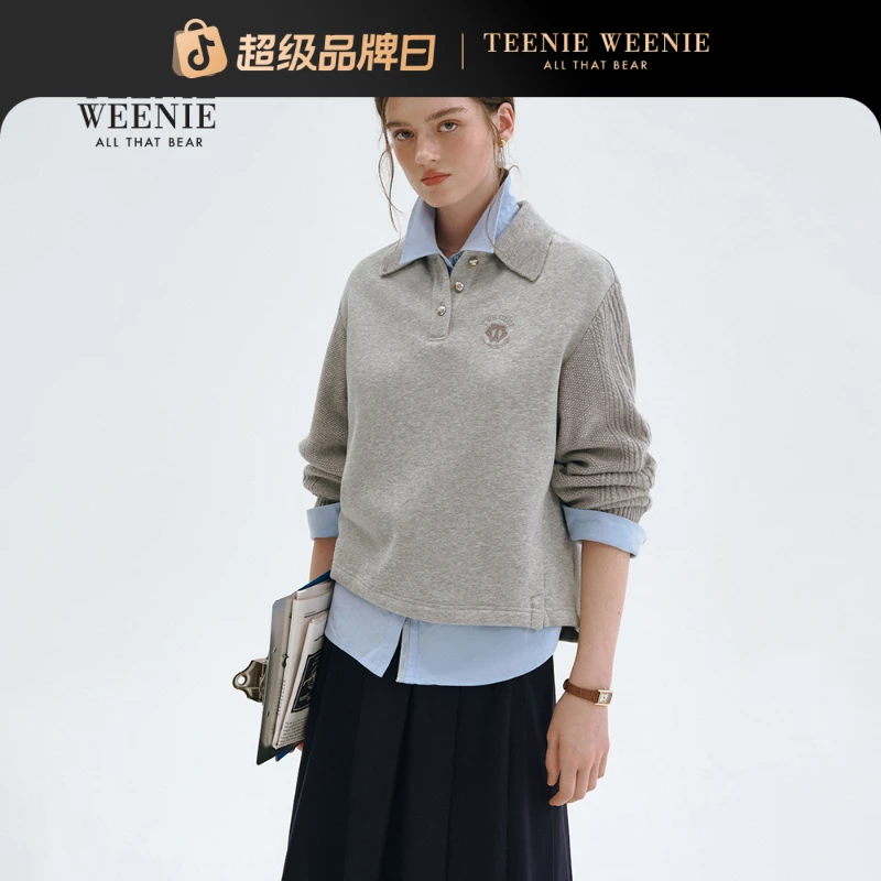 TeenieWeenie小熊女装上衣25秋新针梭拼接POLO领卫衣TTMA254TW3D