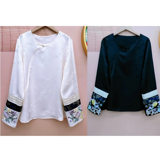 袖口刺绣衬衫女士上衣中国风日常百搭T恤新中式