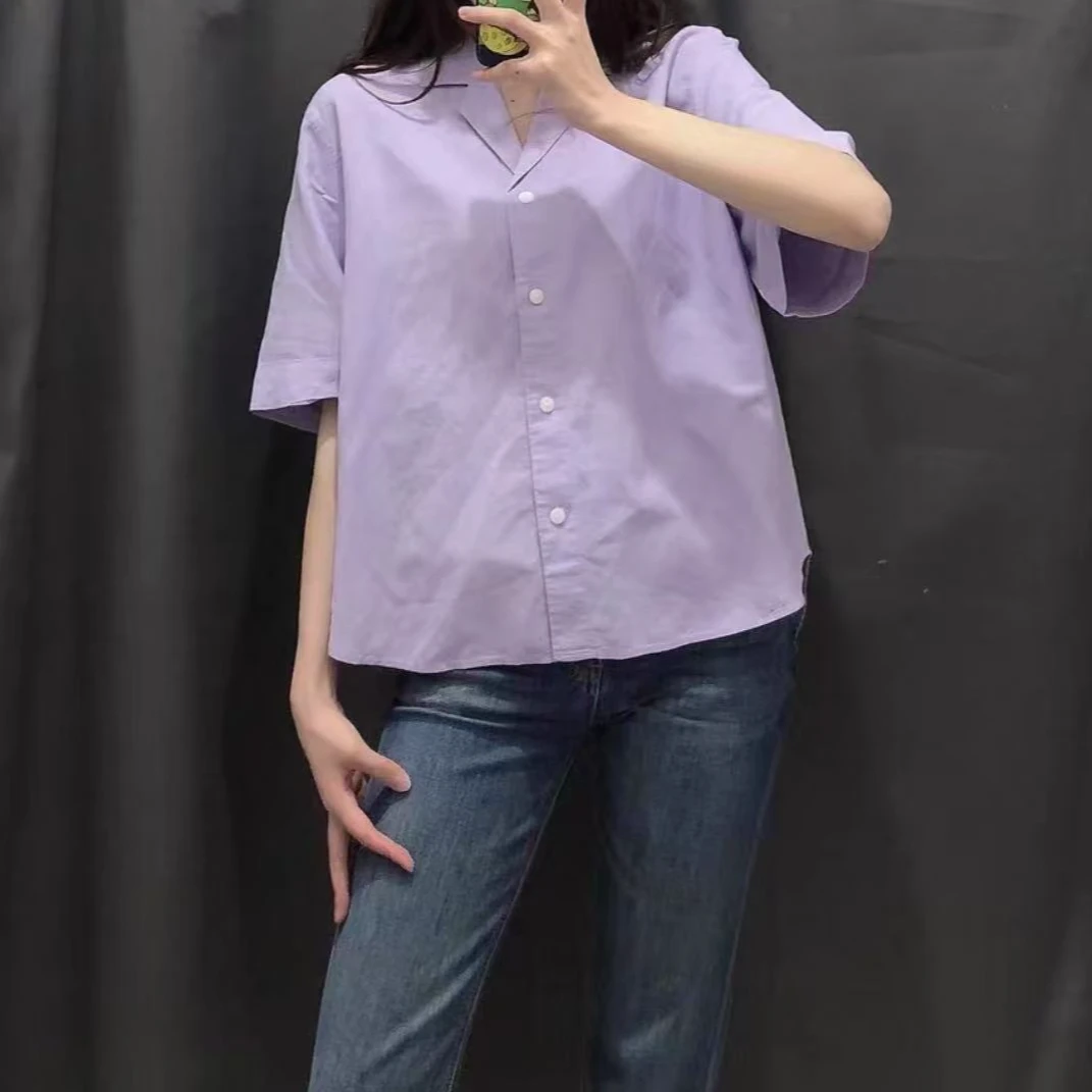 日系原单剪标女装亚麻宽松复古混纺简约百搭开领衬衣短袖衬衫