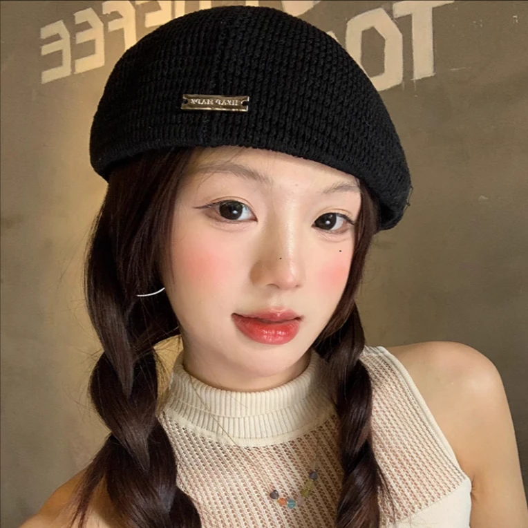 韩版正反戴纯色贝雷帽女夏季薄款镂空透气画家帽显脸小复古针织帽