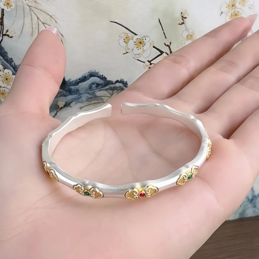 足银手镯 足银999珐琅彩如意竹节女手镯新中式国风纯银镯子百搭
