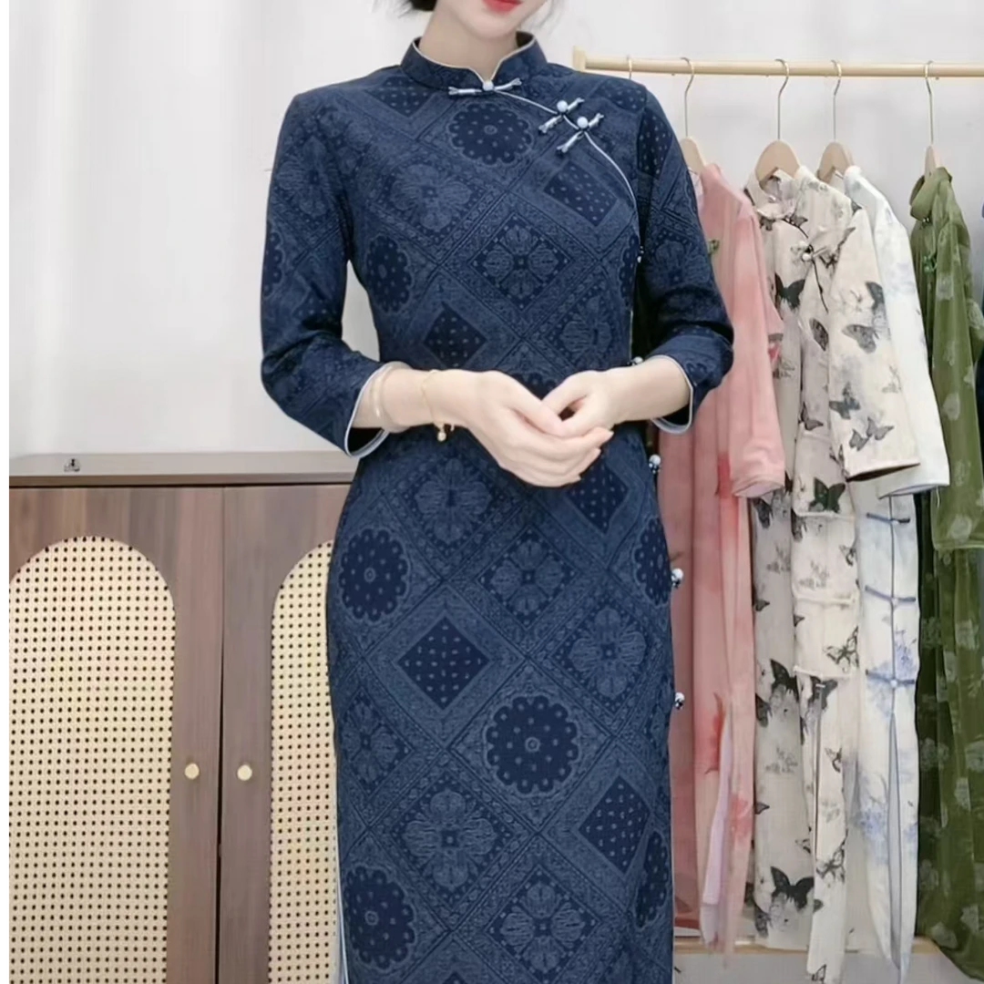 少女秋季印花复古日常显瘦气质修身港风旗袍中长款中国风