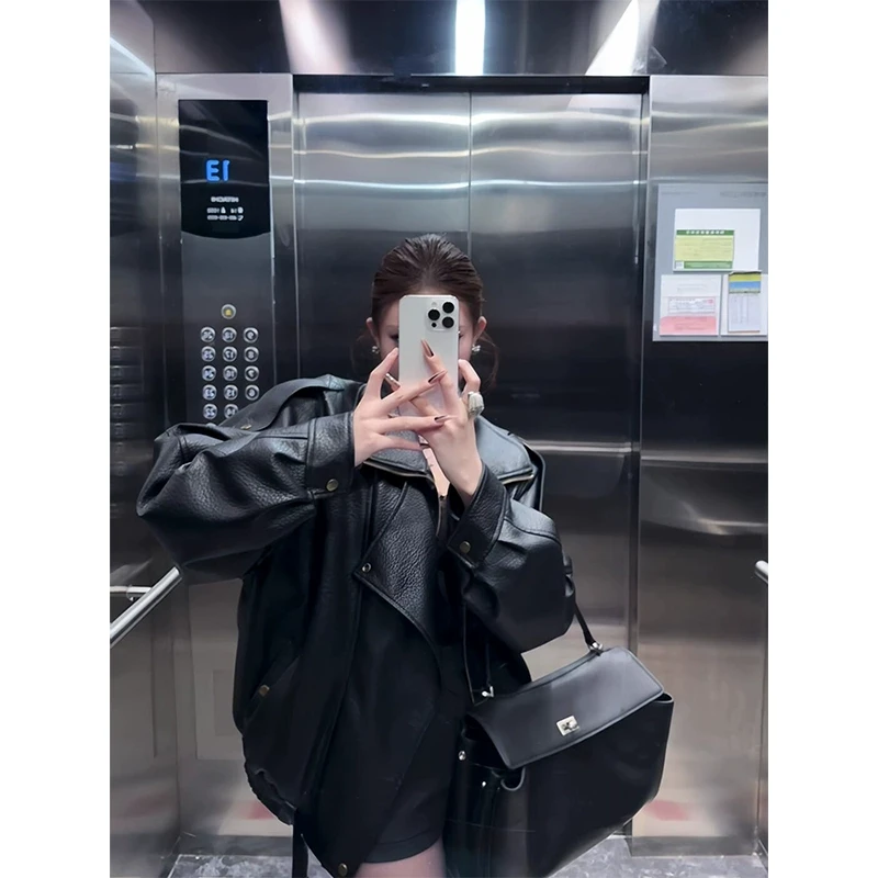 海宁杨树林同款2025春秋新款真皮衣女复古宽松显瘦美式皮夹克外套