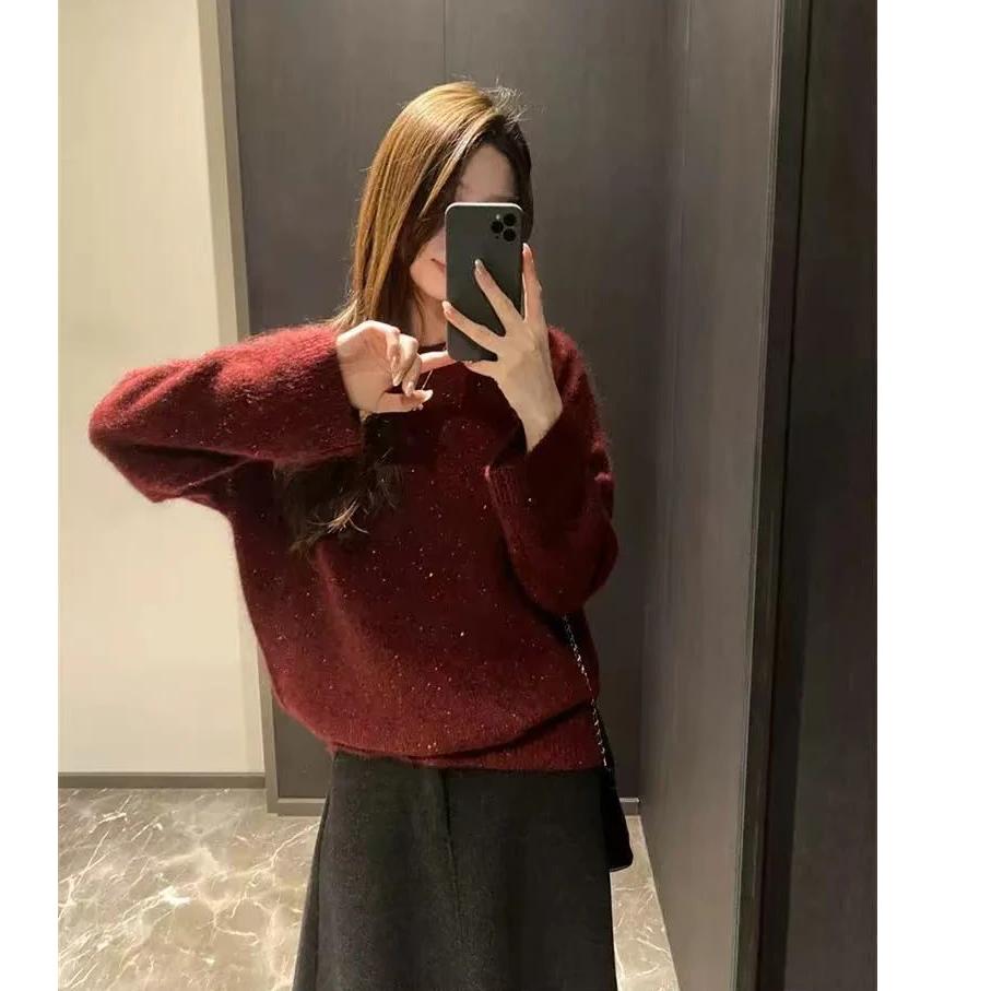 专属【聚会战袍】车厘子红~宽松套头蓬松软糯小亮片毛衣圆领针织衫