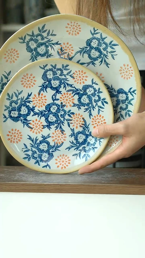 微瑕粗陶手绘花语晨曦早餐盘19cm+牛排盘26.5cm@4-2@