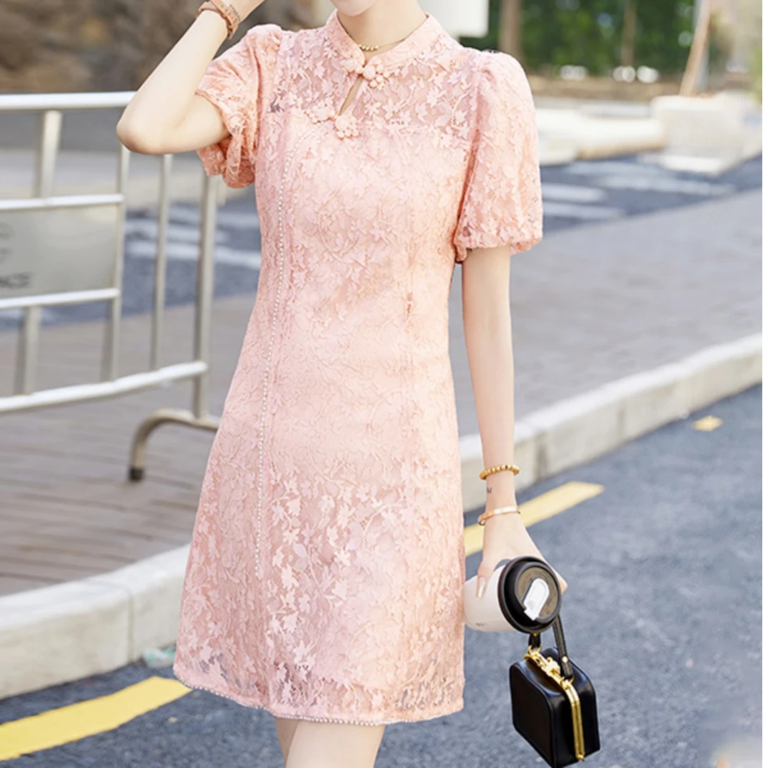 改良旗袍蕾丝连衣裙女2025夏新款时尚小个子复古名媛范修身连衣裙