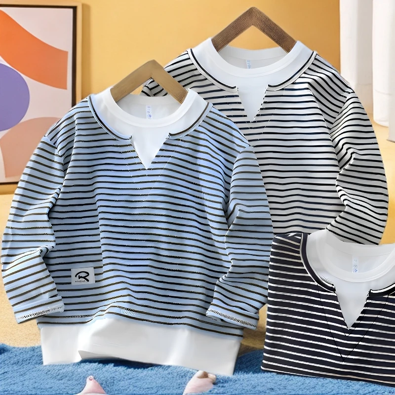 男童纯棉卫衣2025秋季新款中大童假两件撞色条纹拼接卫衣2902