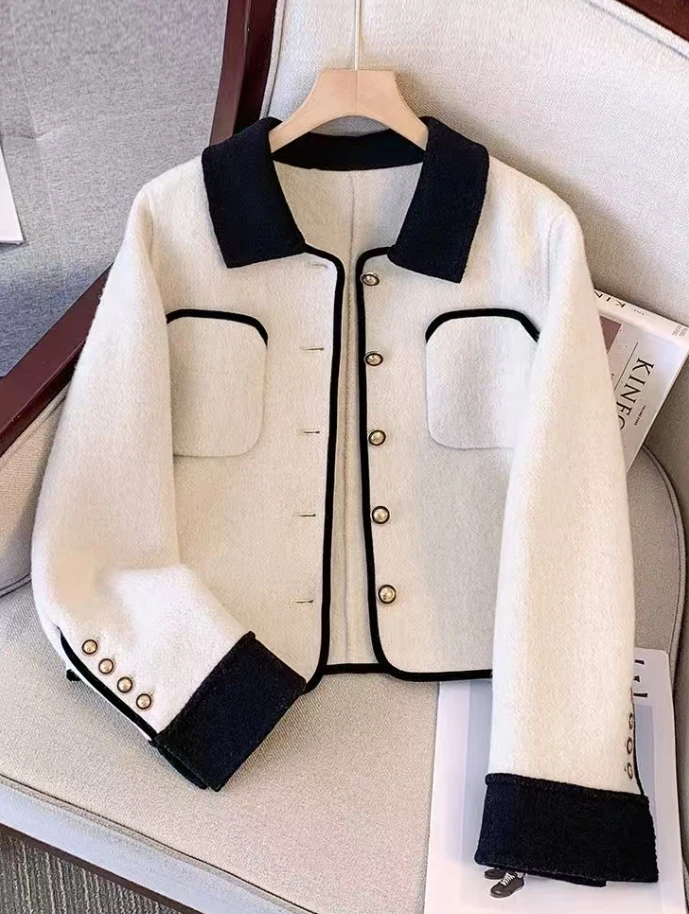 C2027#毛呢外套小香风女气质印花时尚拼接女装短款法式