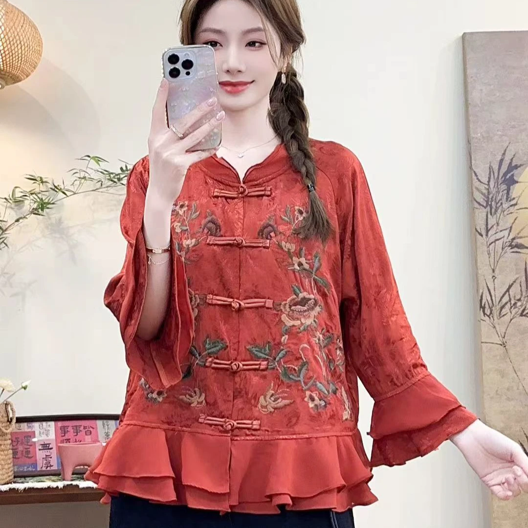 民族风早春新款刺绣欧根纱领口上衣Y01