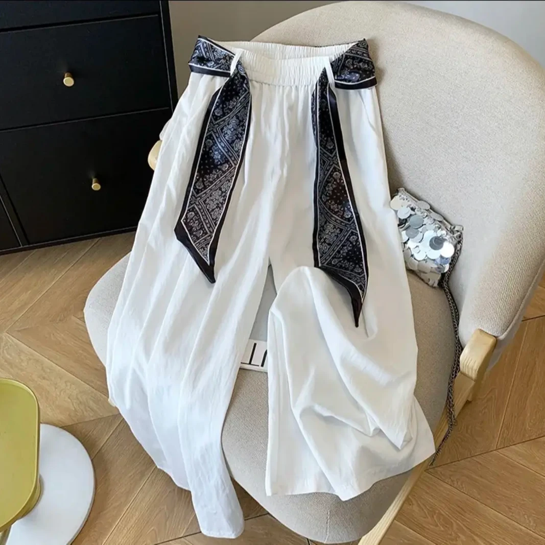 『含丝巾腰带』冰丝新款丝巾冰凉夏天休闲阔腿裤气质时尚百搭