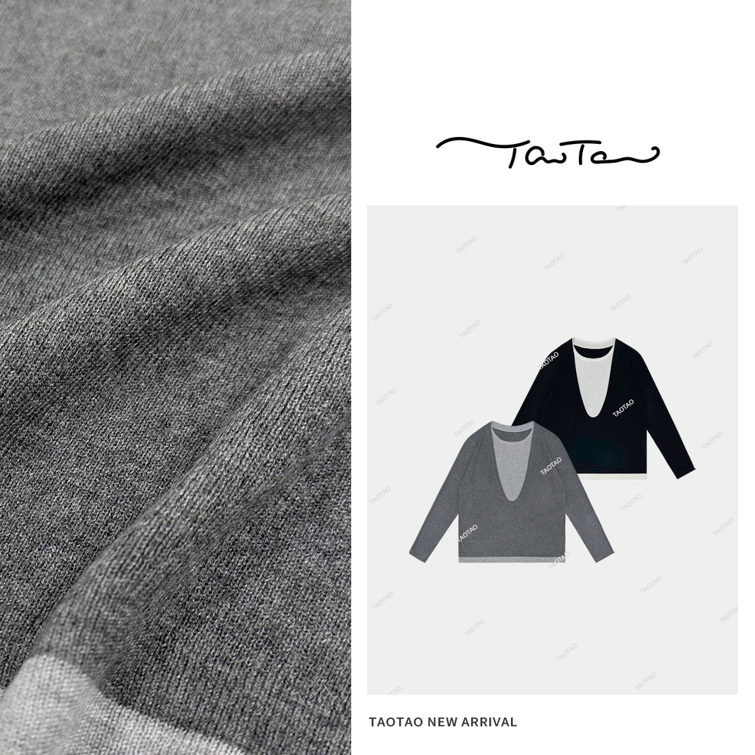 桃桃家-【纸片人】假两件拼接长袖内搭套头百搭宽松老钱风针织衫712