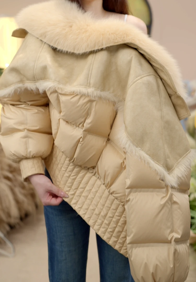 【jy】时尚百搭拼接毛领气质洋气保暖设计师女士羽绒服