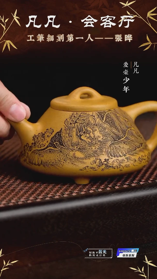 茶壶紫砂凡凡会客厅&张晔15 紫砂壶 子冶石瓢刻虎黄金段300cc