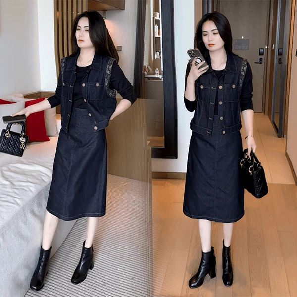 轻熟风韩版时尚套装女2025秋季新款小个子穿搭休闲风牛仔套裙通勤