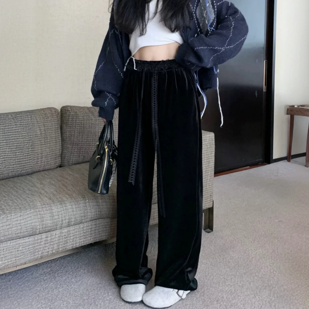 【晨浠定制】 新款时尚百搭加绒蕾丝腰头丝绒裤7099