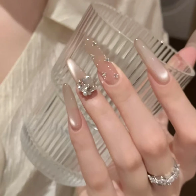玻璃珠猫眼穿戴甲美甲裸色长款大钻富贵奶茶猫眼清冷高级显白