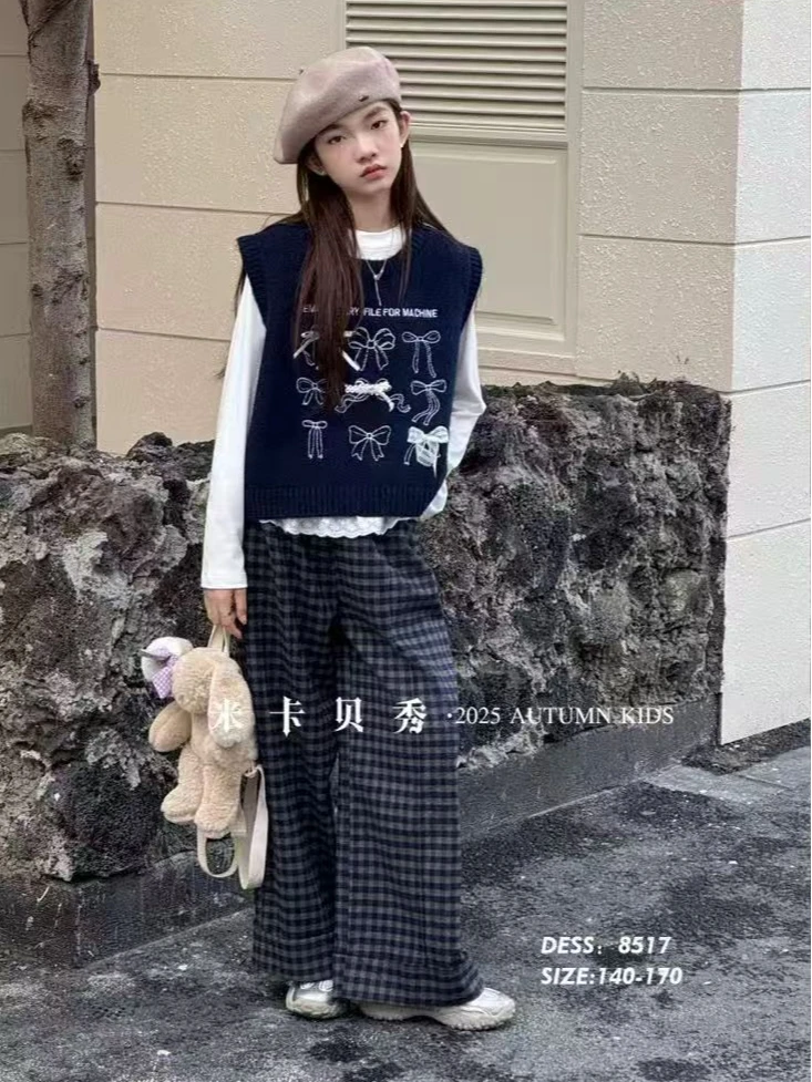 女秋季格子常规单排扣套头套装洋气毛衣女童韩版休闲