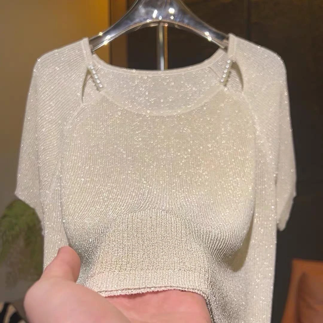 夏新款时尚钉珠镂空冰丝针织衫短袖女宽松遮肚子显瘦百搭气质上衣