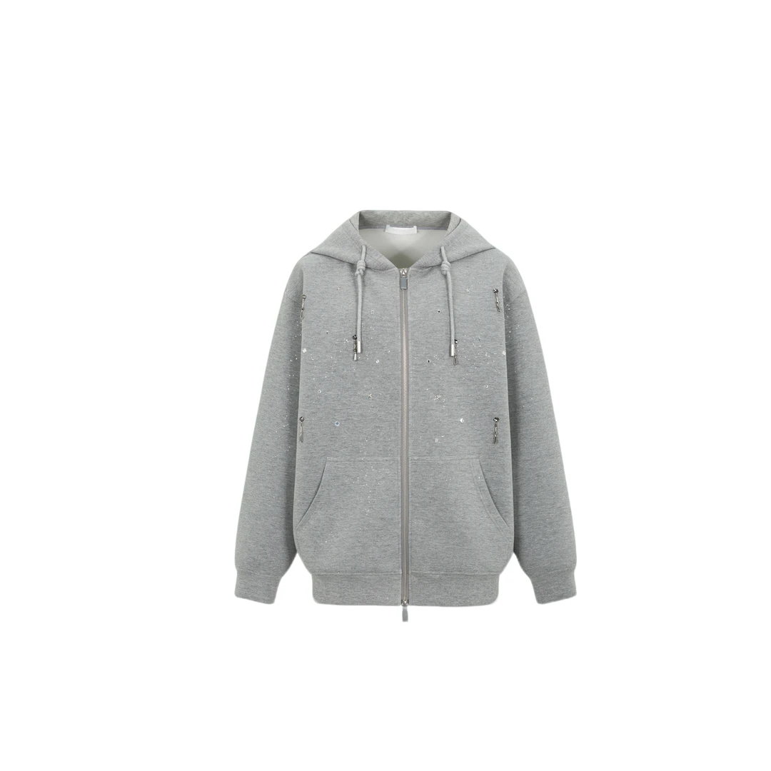 【品牌专属】Three Quarters灰色手工镶钻连帽卫衣外套1055