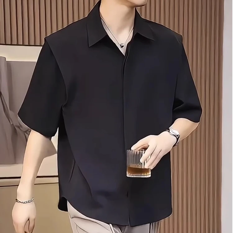 高级垂感冰丝短袖衬衫男士夏季半袖上衣痞帅时尚纯色免烫中袖衬衣
