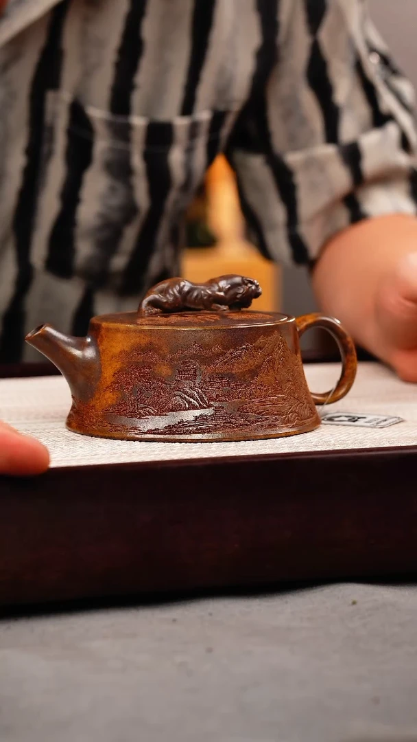 茶壶紫砂龙骨金砂 虎钮柱础 刻绘