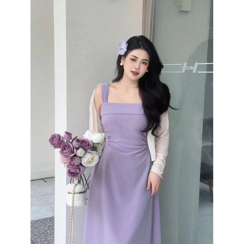 大码女装胖mm梨型身材遮肉显瘦a字吊带连衣裙防晒开衫外搭两件套