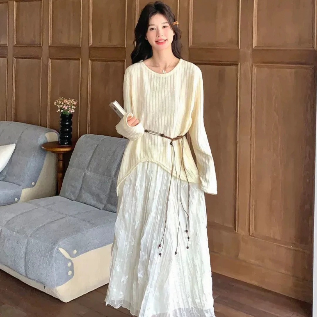 米白色针织套装新款女高级感韩版宽松针织罩衫腰绳+半身裙两件套