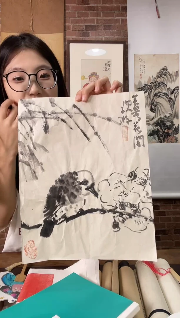 国画WX陈 子游 墨色花鸟