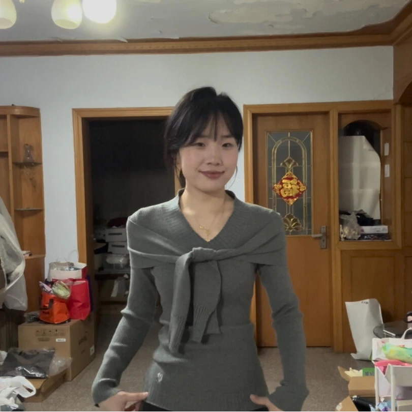 2025春秋法式气质高级灰针织打底衫弹力修身显瘦假两件长袖上衣女