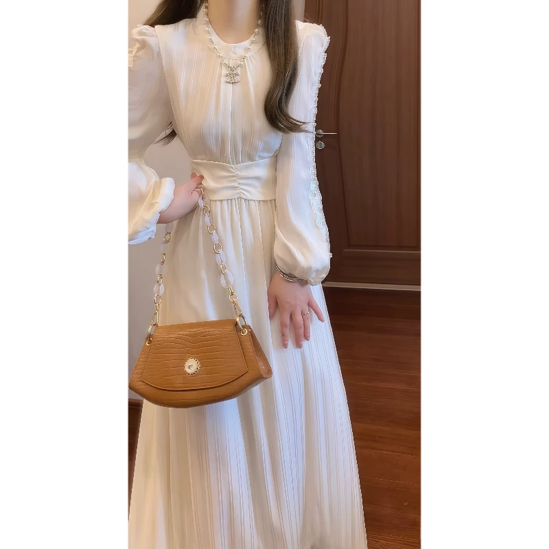 【白月光】2025秋季法式温柔甜美气质白色连衣裙收腰气质长裙9716