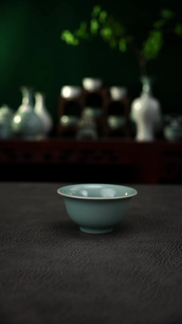 瓷片仿古天青釉压手杯 精品柳条纹