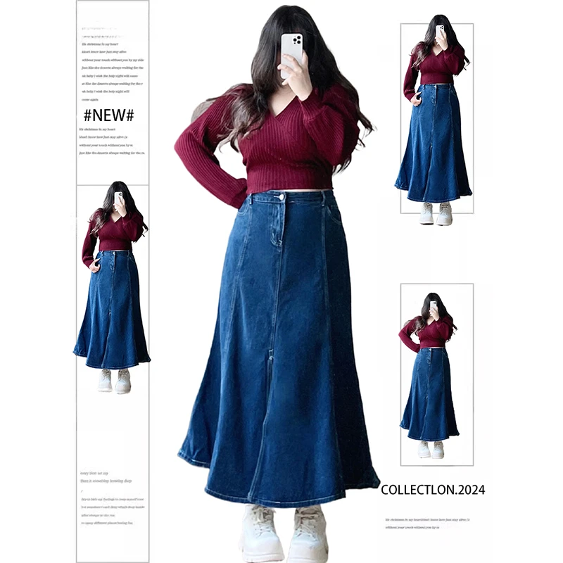 300斤大码女装复古鱼尾牛仔半身裙女夏季胖mm遮肚显瘦a字中长裙子