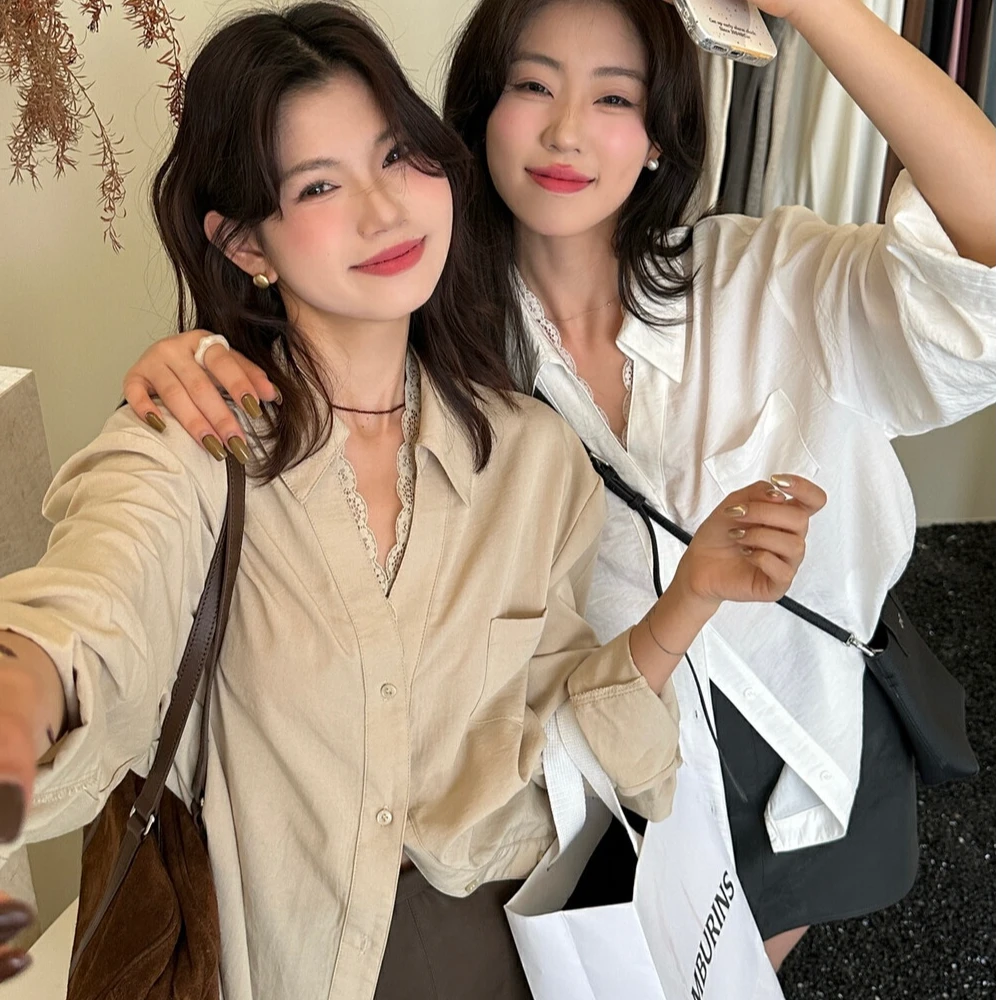 2025春季新款 甜美蕾丝拼接长袖衬衫女宽松休闲百搭外套女 8005