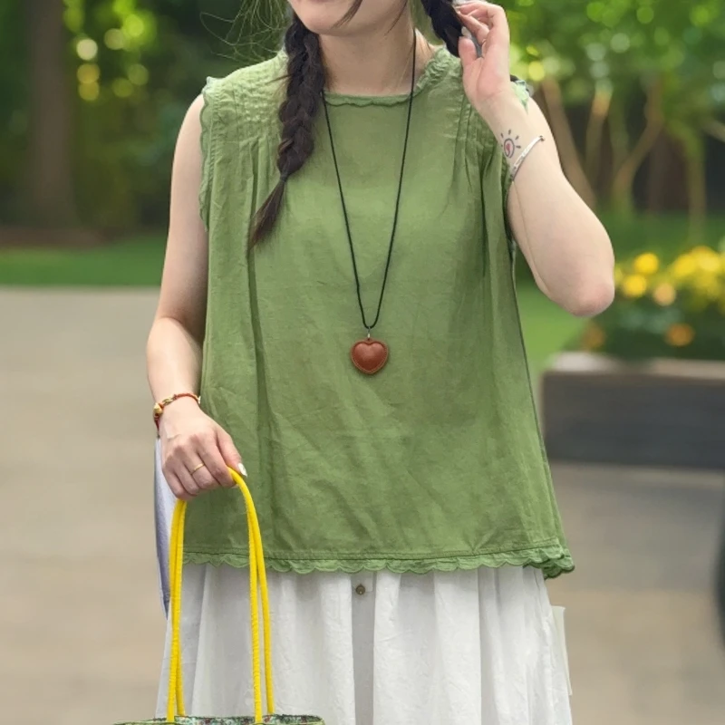 夏款上新日系复古森系文艺木耳花边领系带无袖夏季背心薄款2660
