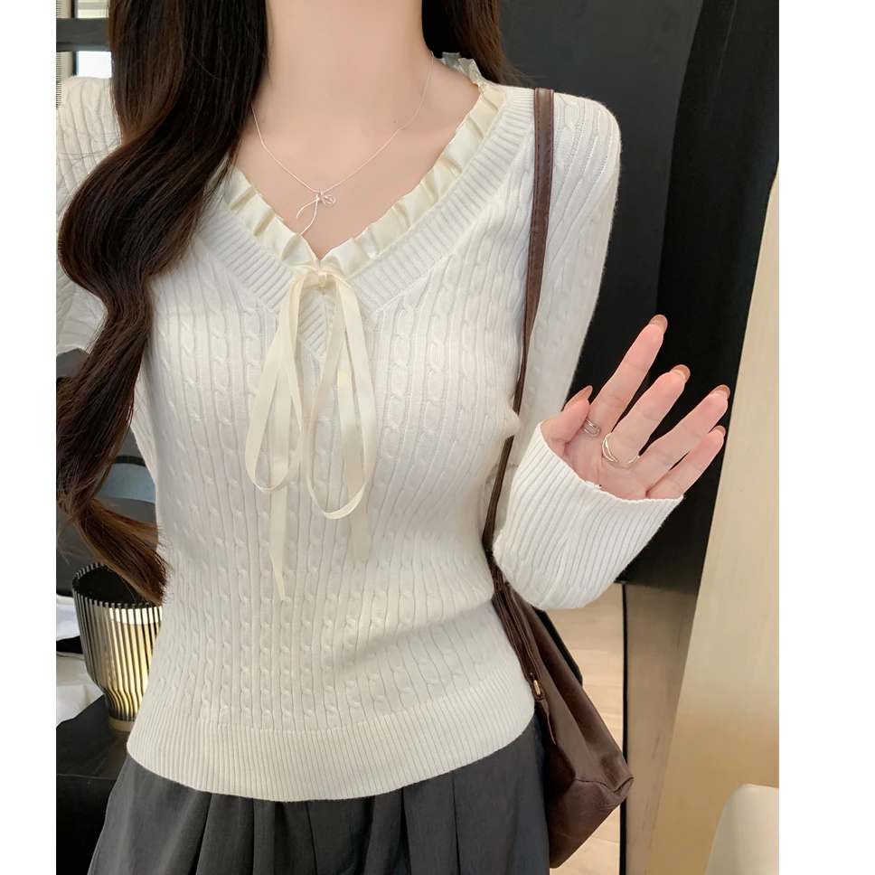 2025春季新款韩版学院风V领拼接麻花设计安迪绒针织衫女打底毛衣