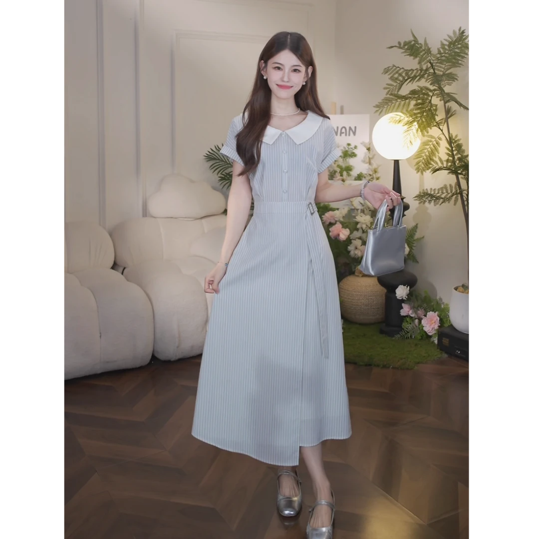 鹿向南【蓝白叙事】夏季新款气质条纹连衣裙收腰修身显瘦设计感