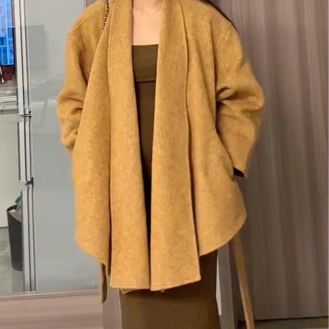 开春新款双面呢羊毛大衣短款浴袍时尚设计师百搭显瘦小个子宽松