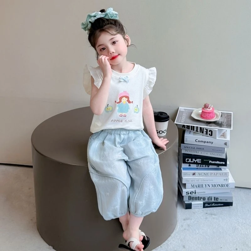 女童夏装飞袖套装2025新款儿童防蚊裤时髦洋气两件套宝宝夏季衣服