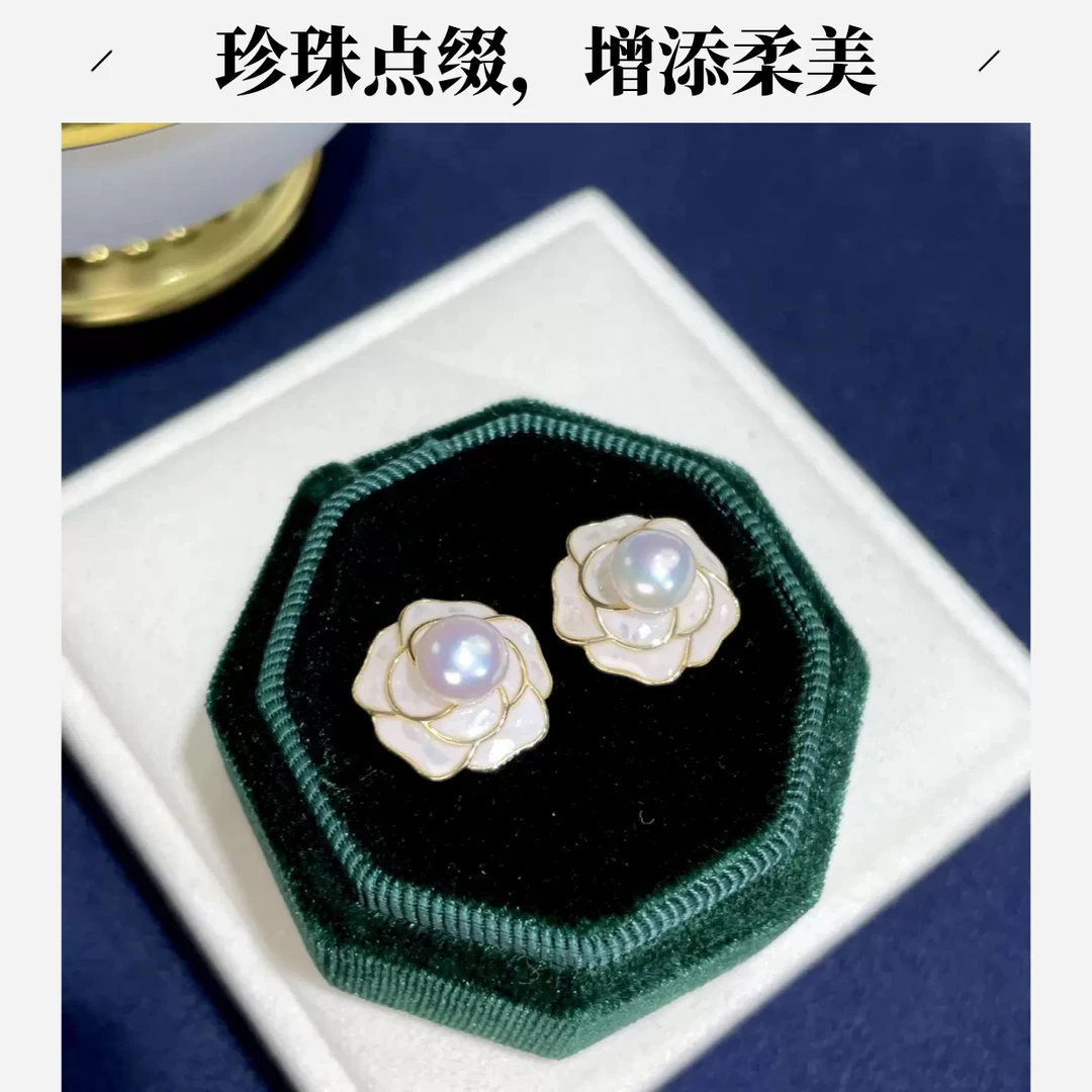 小香风经典山茶花  天然淡水珍珠S925银耳针法式精致优雅经典简约