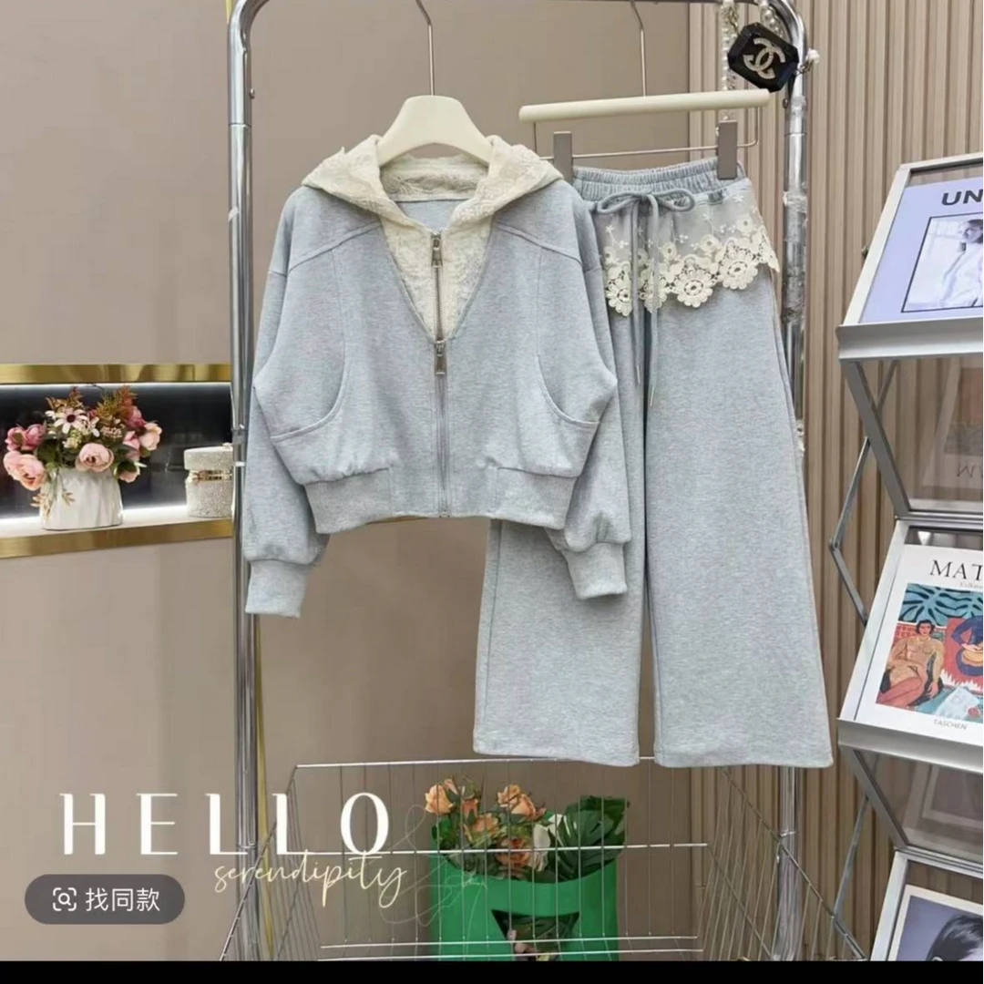 女童2025春季新款韩版洋气假两件蕾丝上衣上衣加裤子套装