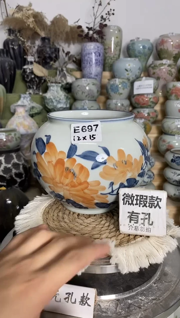 景德镇瓷韵手绘陶瓷花盆   E697 底微瑕
