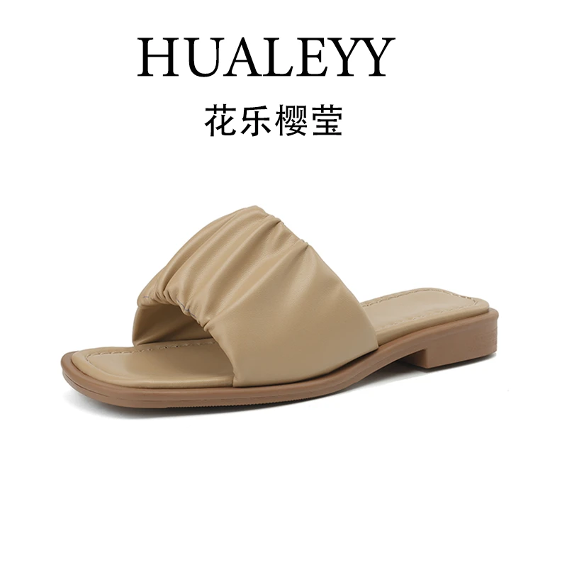 HUALEYY/花乐樱莹巨轻便圆头褶皱露趾一字拖女夏外穿舒适低跟凉拖