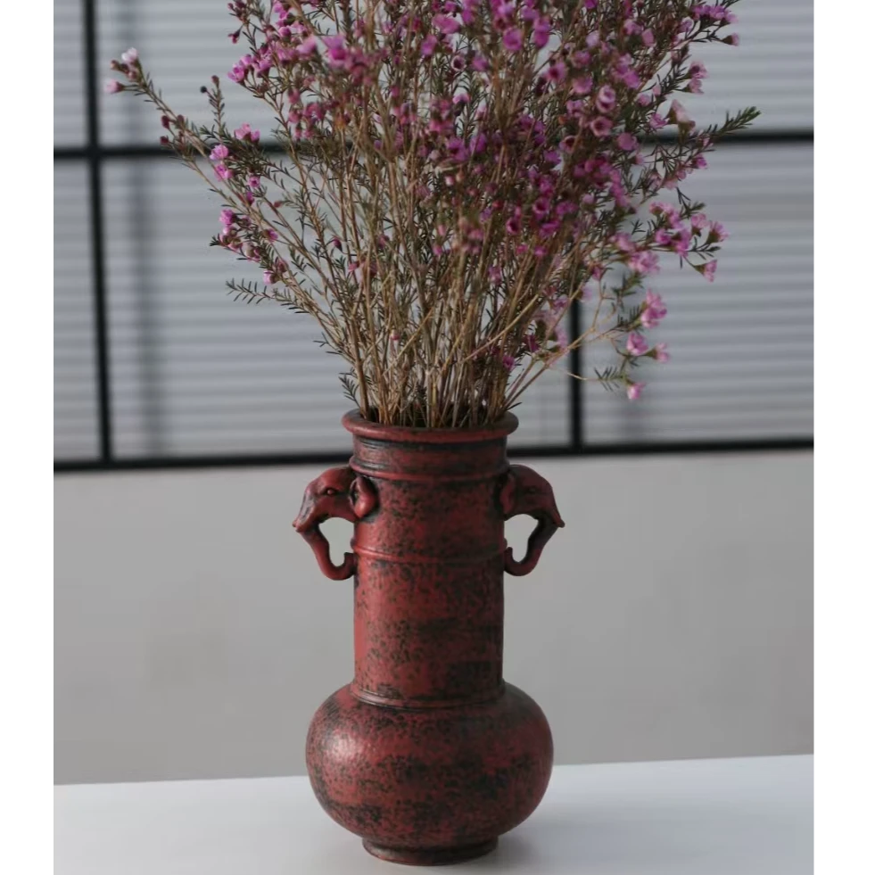 百垚手工陶瓷花瓶家用仿古插画瓶茶桌摆件花器中式室内花瓶