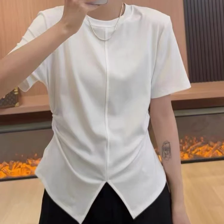【锦衣服饰】SSJ 25095欧货前开叉圆领短袖T