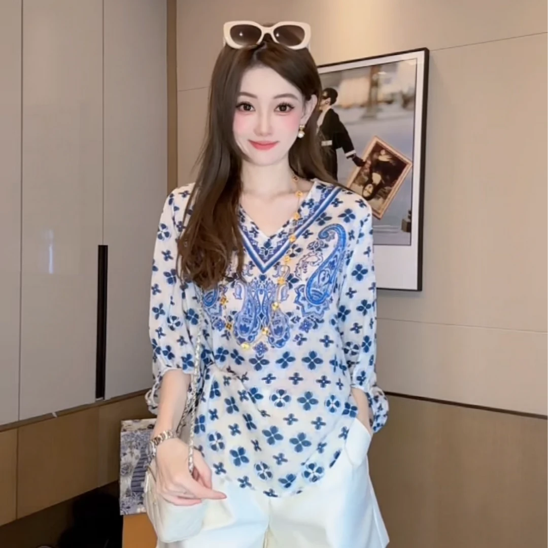 【丝芙玉禄】（F865）100%真丝双绉创意印花拼色宽松桑蚕丝t恤上衣