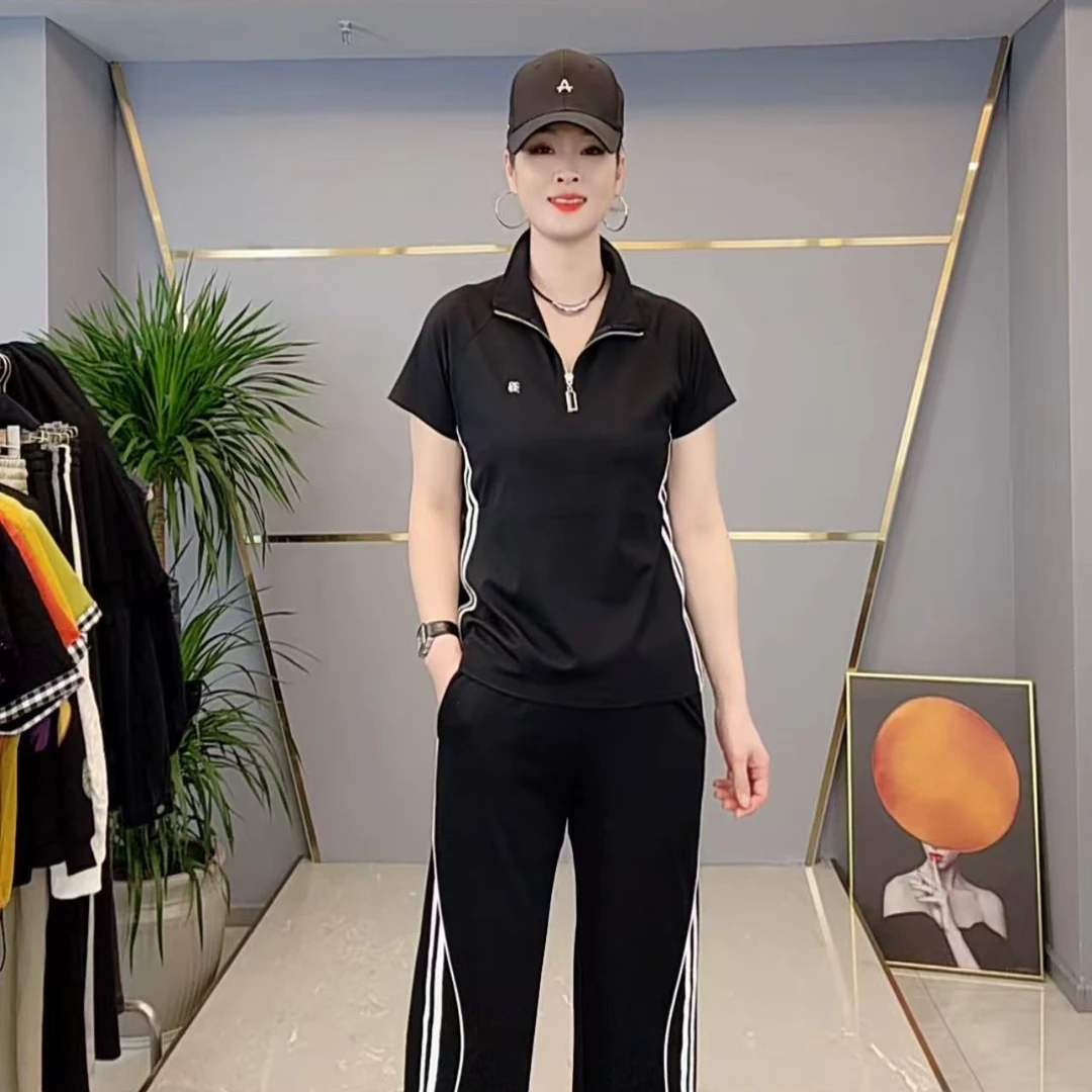 shishu/拾束春夏新款时尚女装立领半拉链侧条纹女士套装AJ619