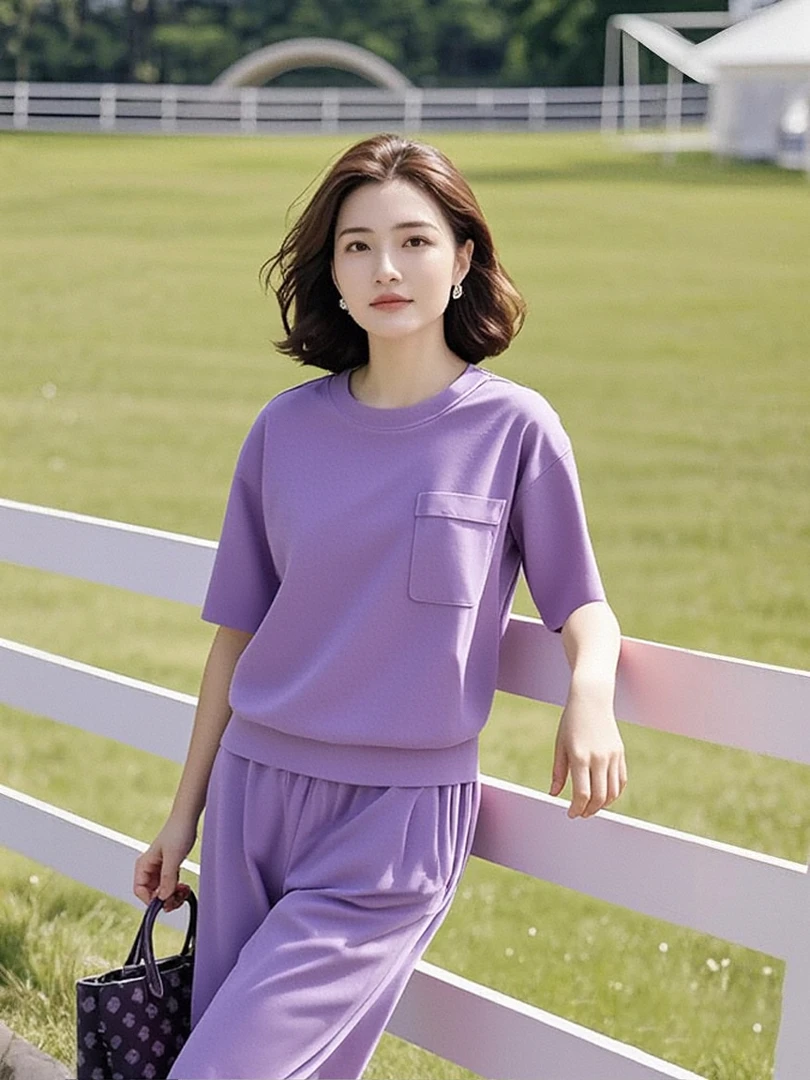 2025年新款夏季短袖显白休闲高级感紫色舒适运动套装时尚宽松舒适