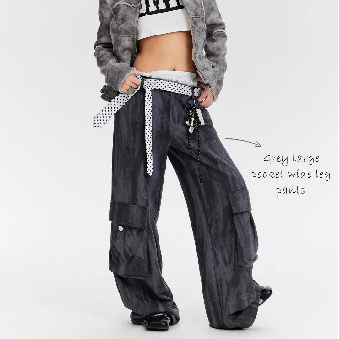 【自播】Oink oink灰色水洗大口袋低腰裤宽松工装裤女