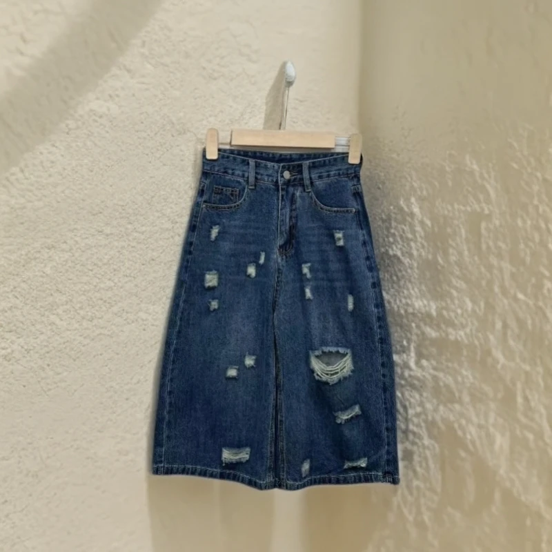 0628破洞八分牛仔裤女装高腰无弹破洞裤